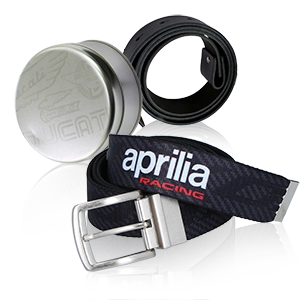Belt with Aprilia Racing logo and round Ducati gift box made of metal.